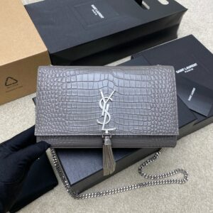 Bolsa Saint Laurent Medium Kate Tassel Crocodile Embossed - Chumbo